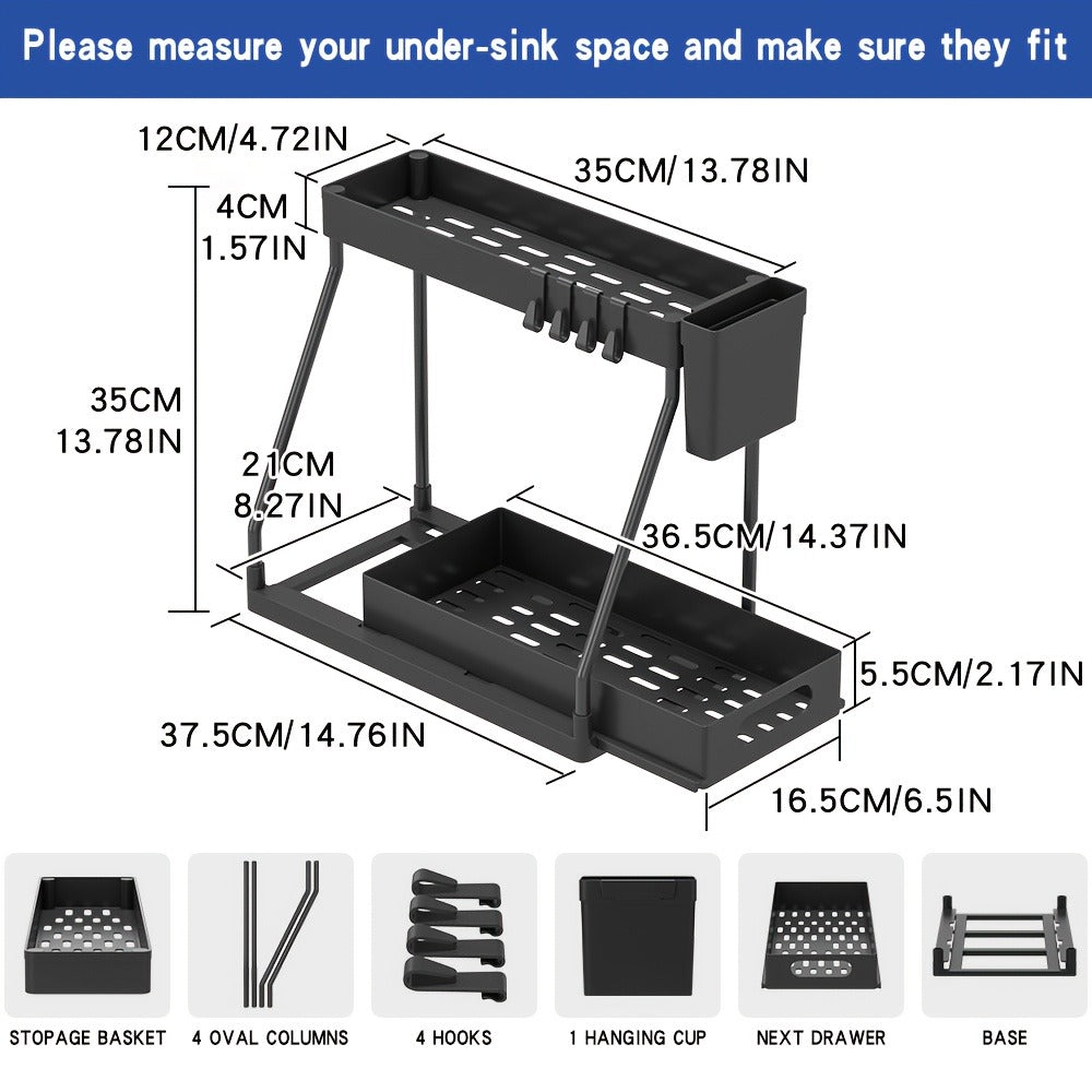 Under Sink Storage Organizer 2-Piece Sliding Shelf Set in Black or White for Kitchen and Bathroom