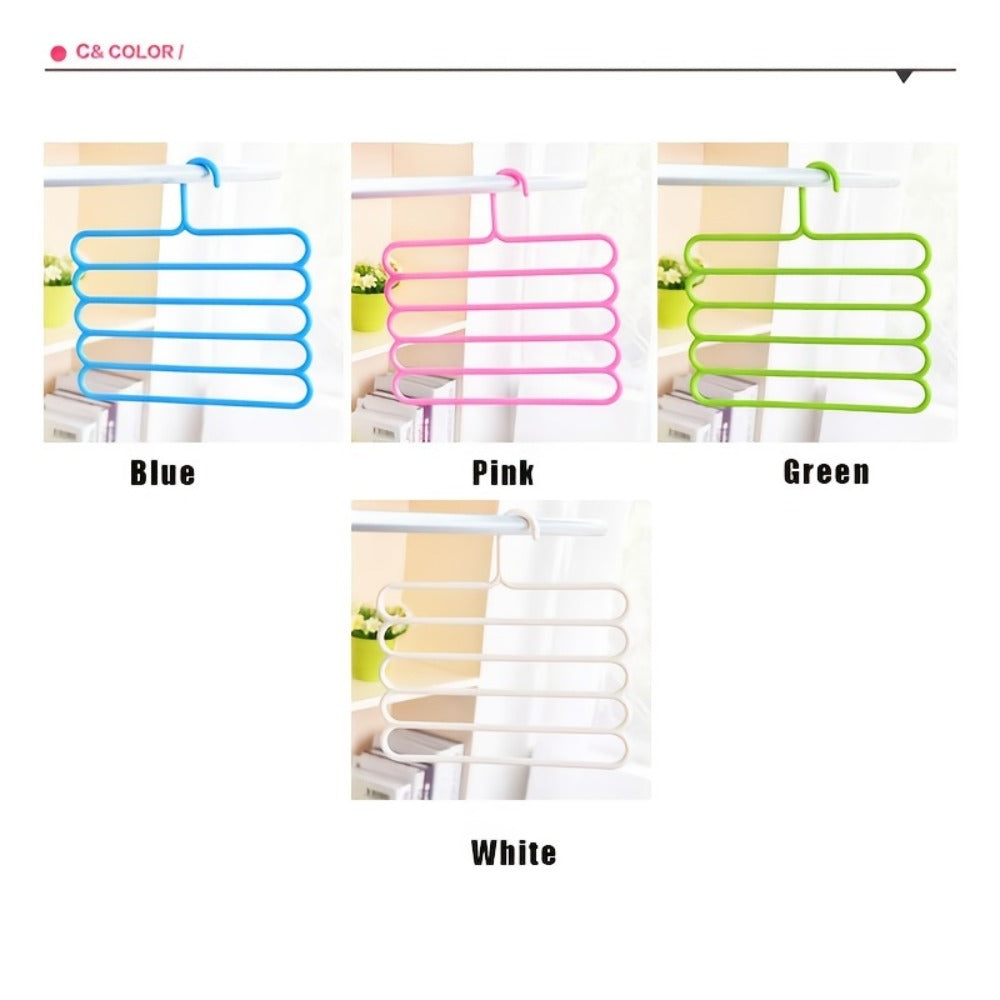 Five-Tier Pants Hangers, 5-Piece Set in Blue, Pink or Green with Horizontal Space-Saving Garment Bars