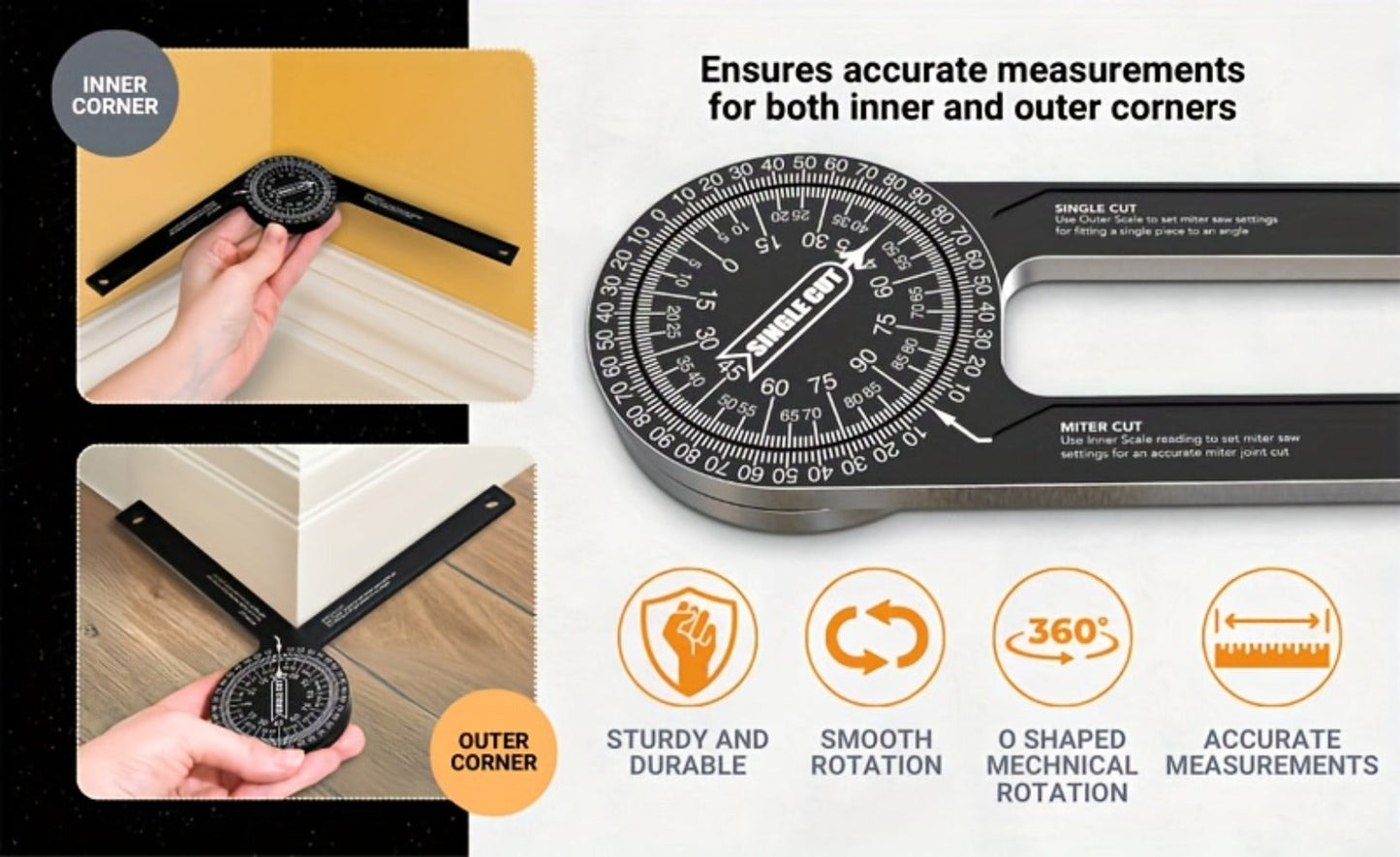 Miter Saw Protractor 7 Inch Aluminum 2-in-1 Professional Angle Finder CNC Machined Precision Laser Engraved Inside Outside Miter Angle for Carpenter Plumber Building Trades Woodworking Black