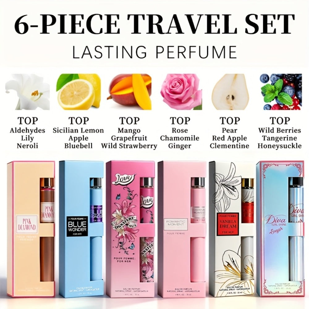 Perfume Gift Set with Six 35ml Eau de Parfum Travel Sprays in Assorted Bottle and Box Designs