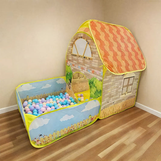 Kids Cottage Play Tent with Ball Pit Cartoon Playhouse Indoor Outdoor Imaginative Hideaway Fort for Toddlers Birthday Christmas Halloween Gift Boys Girls Ages 2+