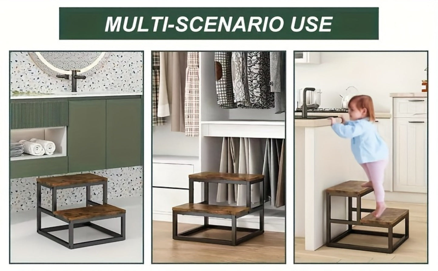 Fixed Two-Tier Metal Frame Step Stool, Approximately 15.7 x 15.7 x 13.2 Inches in Three Finishes
