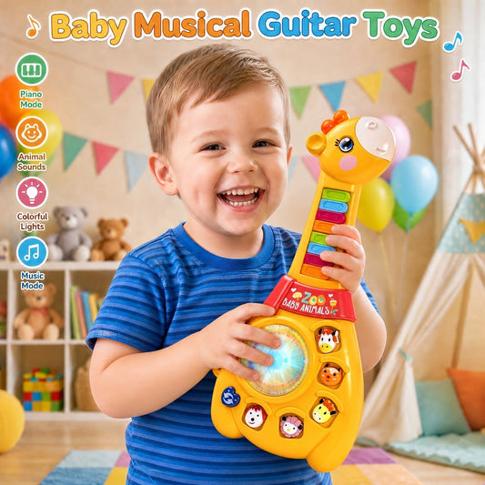 Giraffe Guitar Toy Baby 12 Months with Piano Keys, Animal Sounds & Flashing Lights – Multi-Mode Musical Learning Toy for Toddlers 1 Year Old, Educational Birthday Gift for Boys & Girls