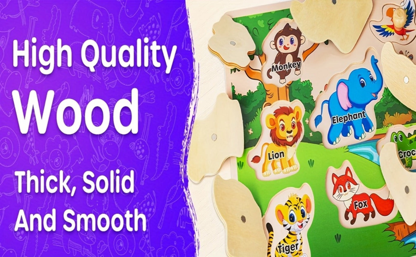 Six-Board Wooden Peg Puzzle Set with Metal Storage Rack and Scene or Animal Theme Checkout Options