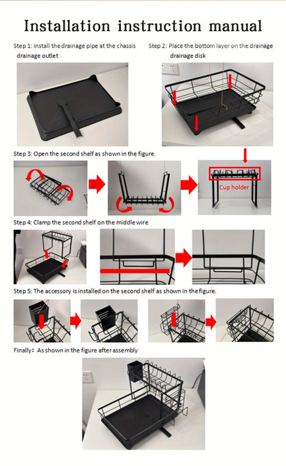 Two-Tier Dish Drying Rack, Metal Countertop Organizer with Cutlery Holder, Cup Holder and Drip Tray