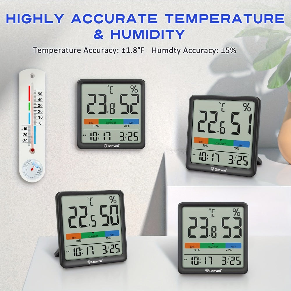 Digital Indoor Thermometer Hygrometer with Clock and Calendar in Exact Black or White Checkout Options