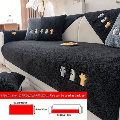 Sofa Cover Thick Plush Shearling Panels with Animal and Bone Embroidery and Non-Slip Feature for 2 to 4 Seats
