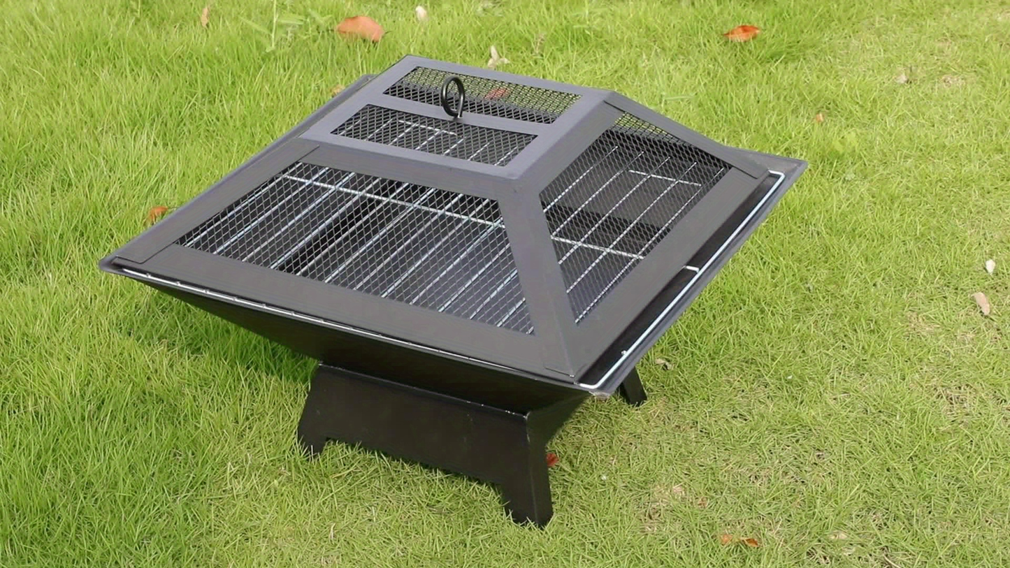 18.5-Inch Black Square Fire Pit and Grill with Mesh Pyramid Cover, Cooking Grate and Long Poker