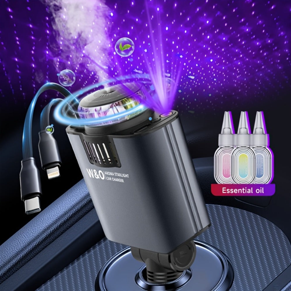 3-in-1 Car Charger, Air Freshener & Starry Sky Ceiling Light – Retractable Type-C & Lightning Cable, Aromatherapy Perfume, Purple Ambient Light, for iPhone & Android