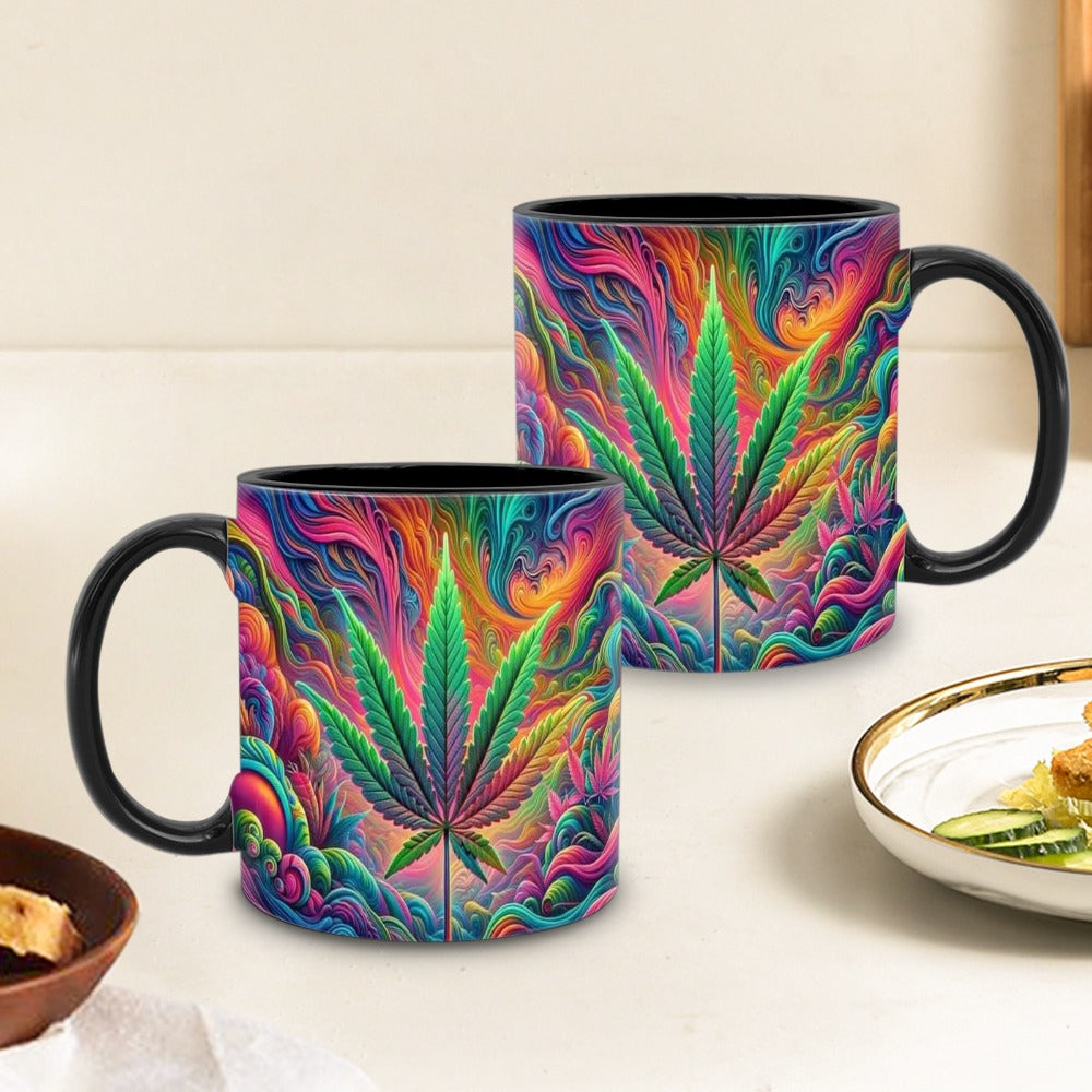 11oz Ceramic Coffee Mug with Psychedelic Leaf Print, Black Interior and Coordinating Black Handle