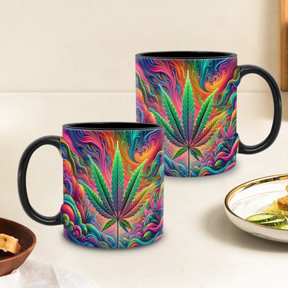 11oz Ceramic Coffee Mug with Psychedelic Leaf Print, Black Interior and Coordinating Black Handle