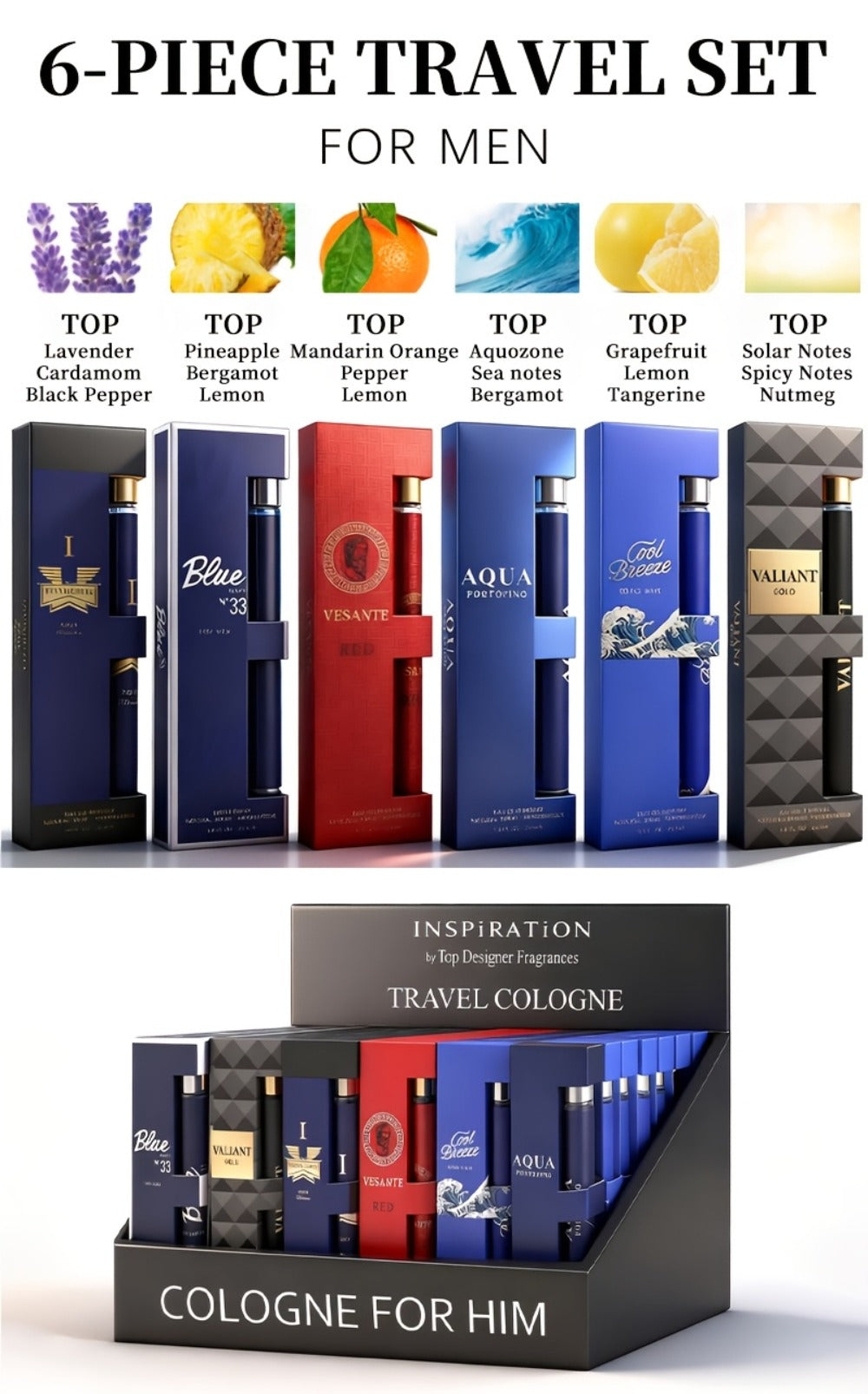 Travel Cologne Gift Set for Men – 6-Piece Mini EDP Spray Sampler, Long Lasting Unique Scents, TSA-Friendly Travel Size, Holiday Dating Gift for Him