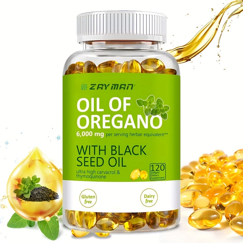 Herbal Supplements with ZEYMAN Label, Oregano Oil 6000mg and Black Seed Oil 200mg Softgels, 120 Count