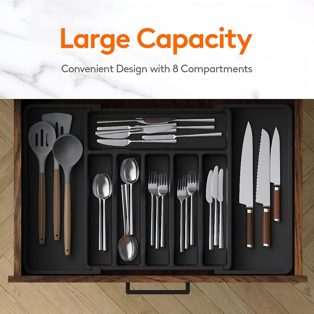 Expandable Eight-Compartment Drawer Organizer for Cutlery with Black, Grey or White Color Options