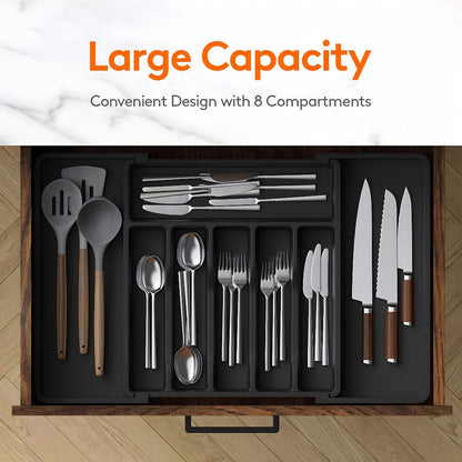 Expandable Eight-Compartment Drawer Organizer for Cutlery with Black, Grey or White Color Options