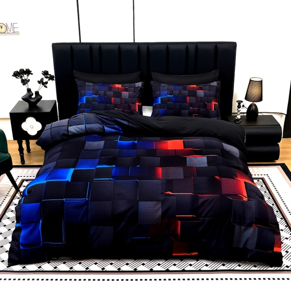 Three-Piece Plaid Duvet Cover Set with Two Pillowcases in Five Colors and Four Bed Sizes for Home and Everyday Use
