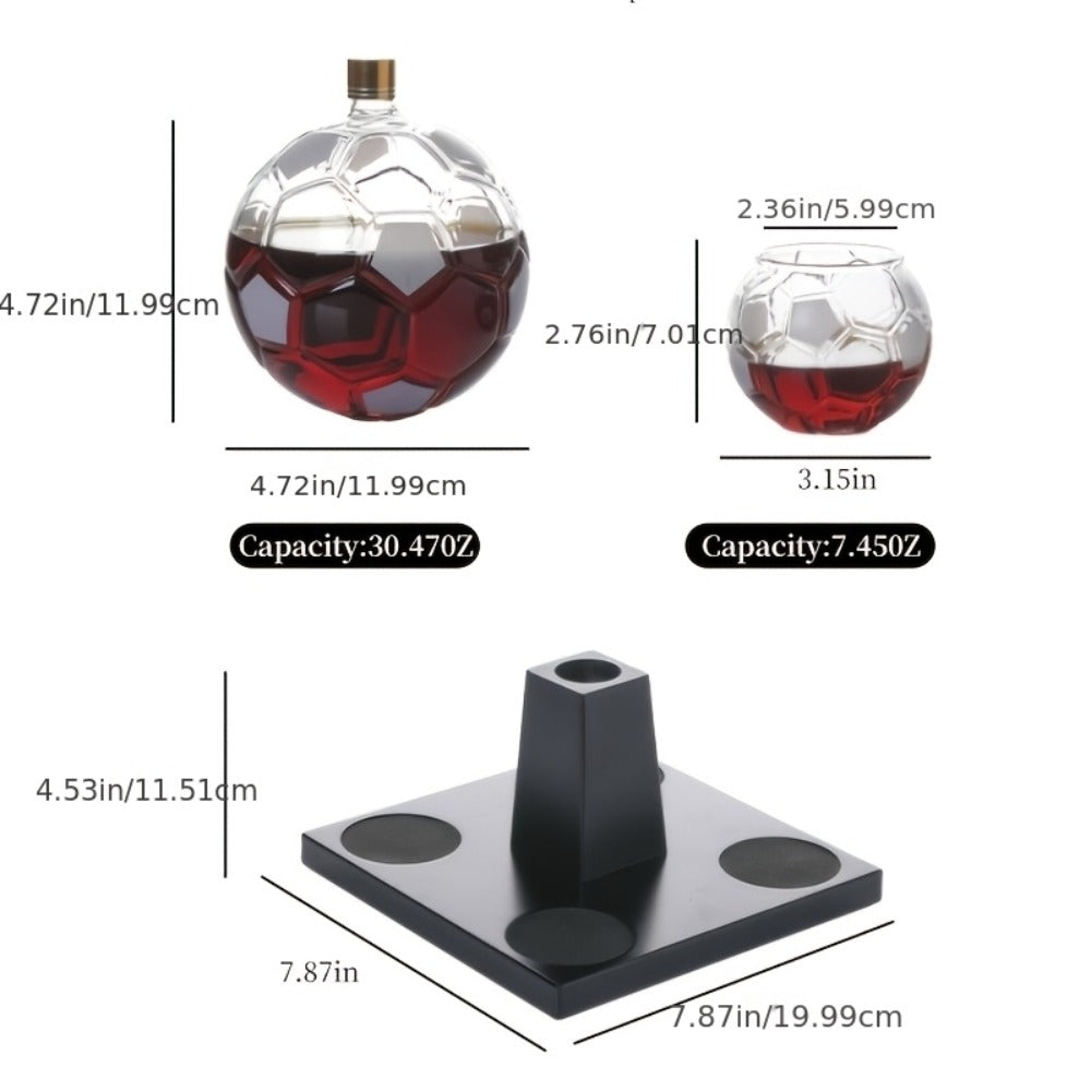 Soccer Ball Whiskey Decanter Set with 30 oz Ball-Shaped Bottle, Four Matching Cups and Black Display Stand