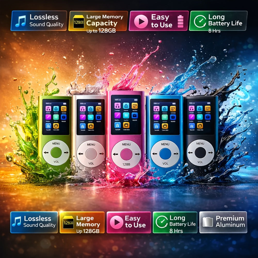 MP3 MP4 Player for Students 128GB Expandable, 8-Hour Battery HiFi Lossless Sound, 1.8 Inch Color Screen, FM Radio, Voice Recorder, E-Book Reader, English Listening Learning Device