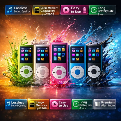 MP3 MP4 Player for Students 128GB Expandable, 8-Hour Battery HiFi Lossless Sound, 1.8 Inch Color Screen, FM Radio, Voice Recorder, E-Book Reader, English Listening Learning Device