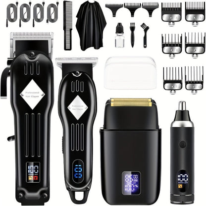 Hair Clippers & Trimmers Three-Piece Set with Full-Size Clipper, T-Blade Detailer, Foil Shaver and LCD Displays