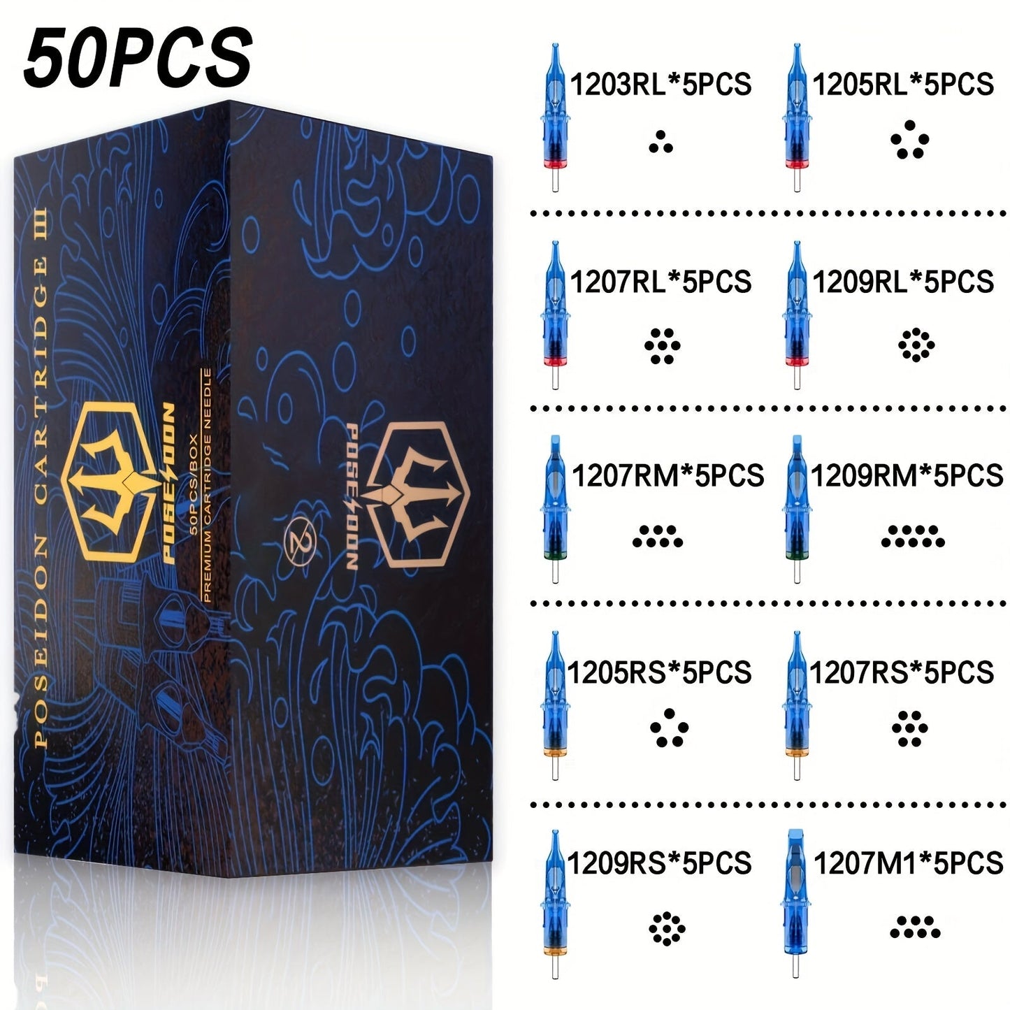 Tattoo Cartridge Needles with POSEIDON V3 Label, 50-Piece Mixed, RL-Only or RS-Only Pack Choices