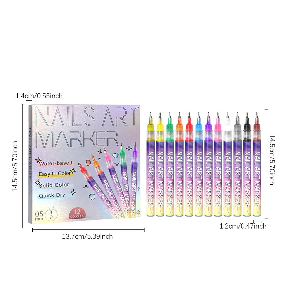 Nail Art Pens Set 12Pcs 0.5mm Ultra-Fine Tip Round Head Brush for DIY Nail Designs - Detailed Line Drawing & Nail Decoration Tools for Beginners and Professionals
