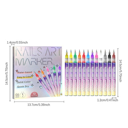 Nail Art Pens Set 12Pcs 0.5mm Ultra-Fine Tip Round Head Brush for DIY Nail Designs - Detailed Line Drawing & Nail Decoration Tools for Beginners and Professionals