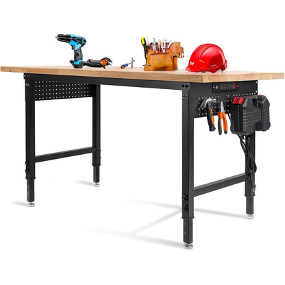 Adjustable 28–40-Inch Wood-Top Workbench in 60- or 96-Inch Widths with Pegboard, Wheels and Power Strip