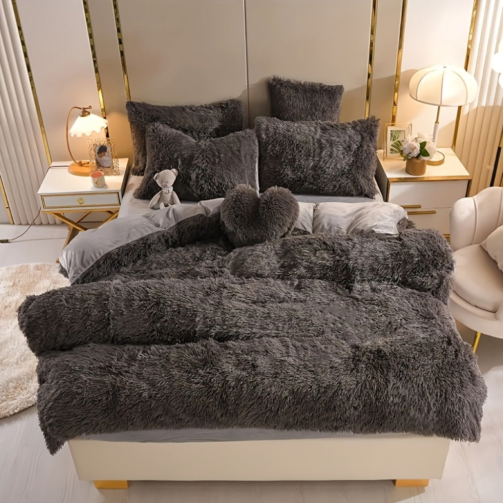 Plush Faux Fur Duvet Cover Set with Heart Pillow, Corner Ties and Twin, Queen or King Sizes in Eight Colors