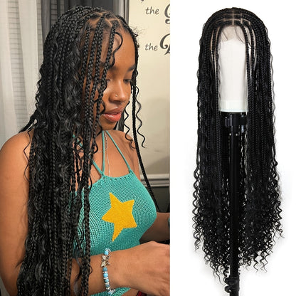 Thirty-Six-Inch Bohemian Square-Braid Wig with Curly Ends and Four Black, Blonde or Burgundy Options