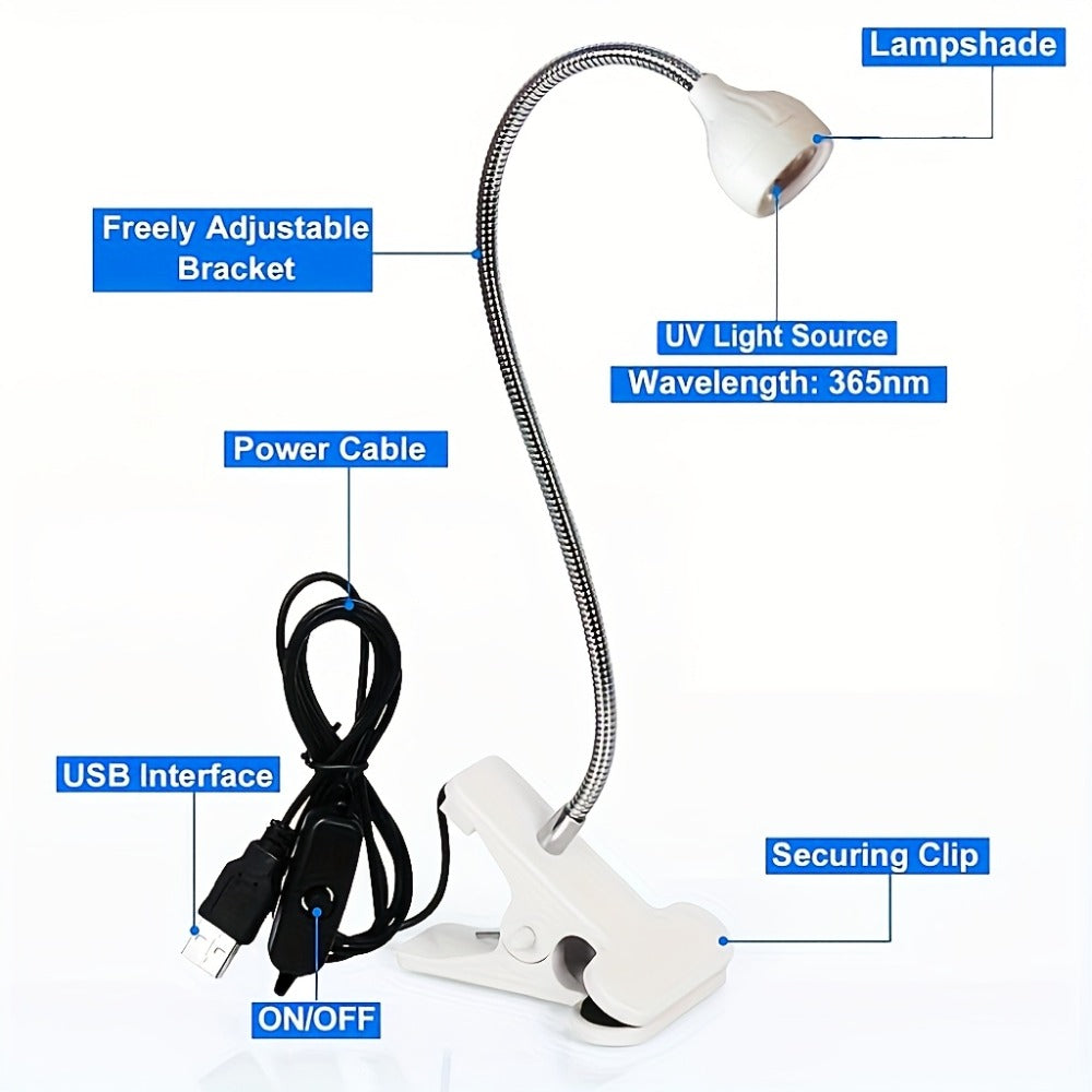 365nm-Labeled UV LED Nail Lamp with Clip Mount, Flexible Gooseneck, USB Cable and Black or White Finish