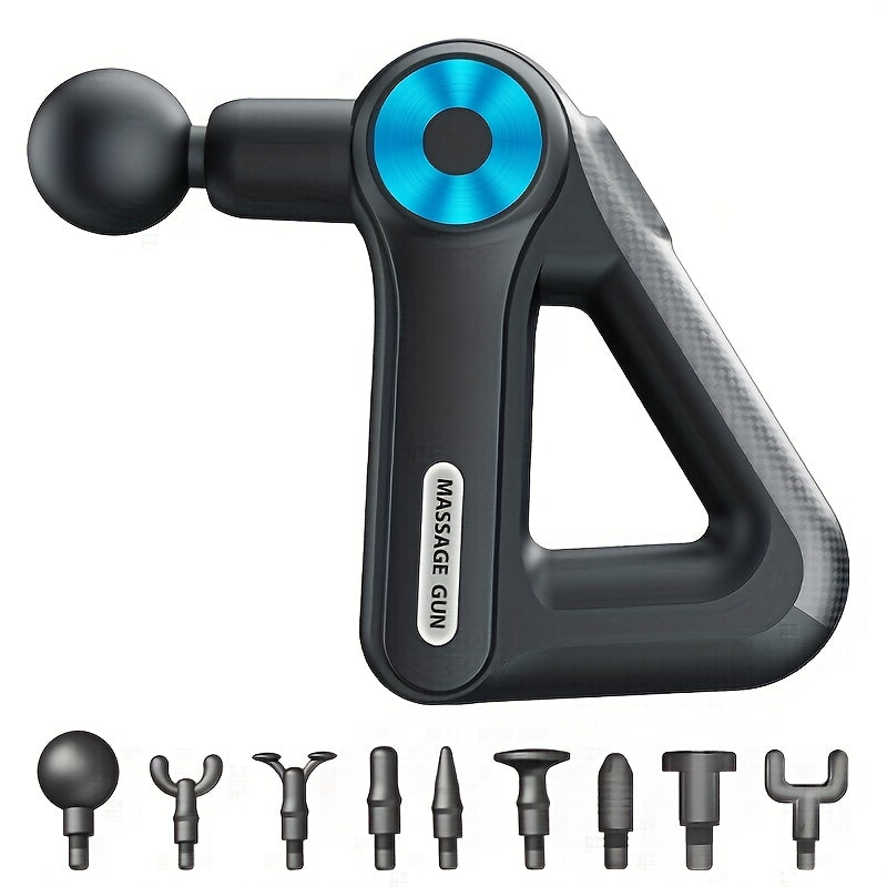 Triangular-Handle Massage Gun with Nine Pictured Attachment Heads, Blue Control Dial and Black Finish