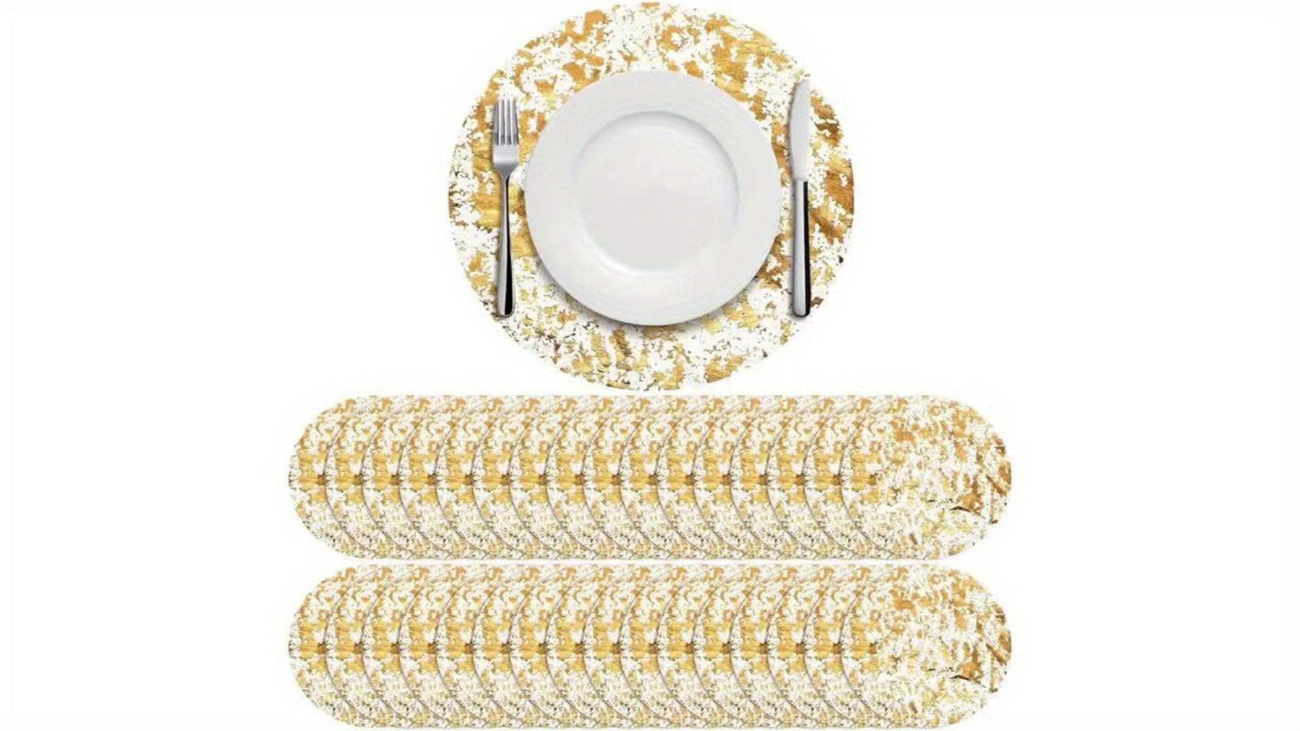 Round Golden Foil Placemats in 50- or 100-Piece Sets with 11-Inch Mesh Design for Party Tables