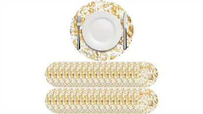 Round Golden Foil Placemats in 50- or 100-Piece Sets with 11-Inch Mesh Design for Party Tables