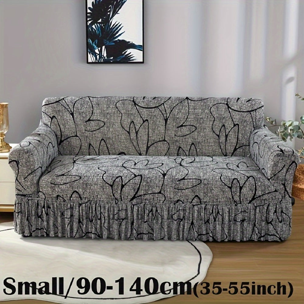 Sofa Cover Gray Printed Skirt Slipcover with Elastic Stretch Fit for 1, 2, 3 or 4-Seater Sofas