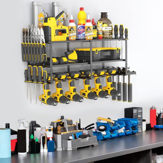 Power Drill Holder Wall Mount – Heavy Duty Tool Storage Rack with 3/4 Layer Floating Shelf | Cordless Drill Organizer | 4/6/8 Drill Holders Workshop Tool Rack for Garage & Workshop Organization