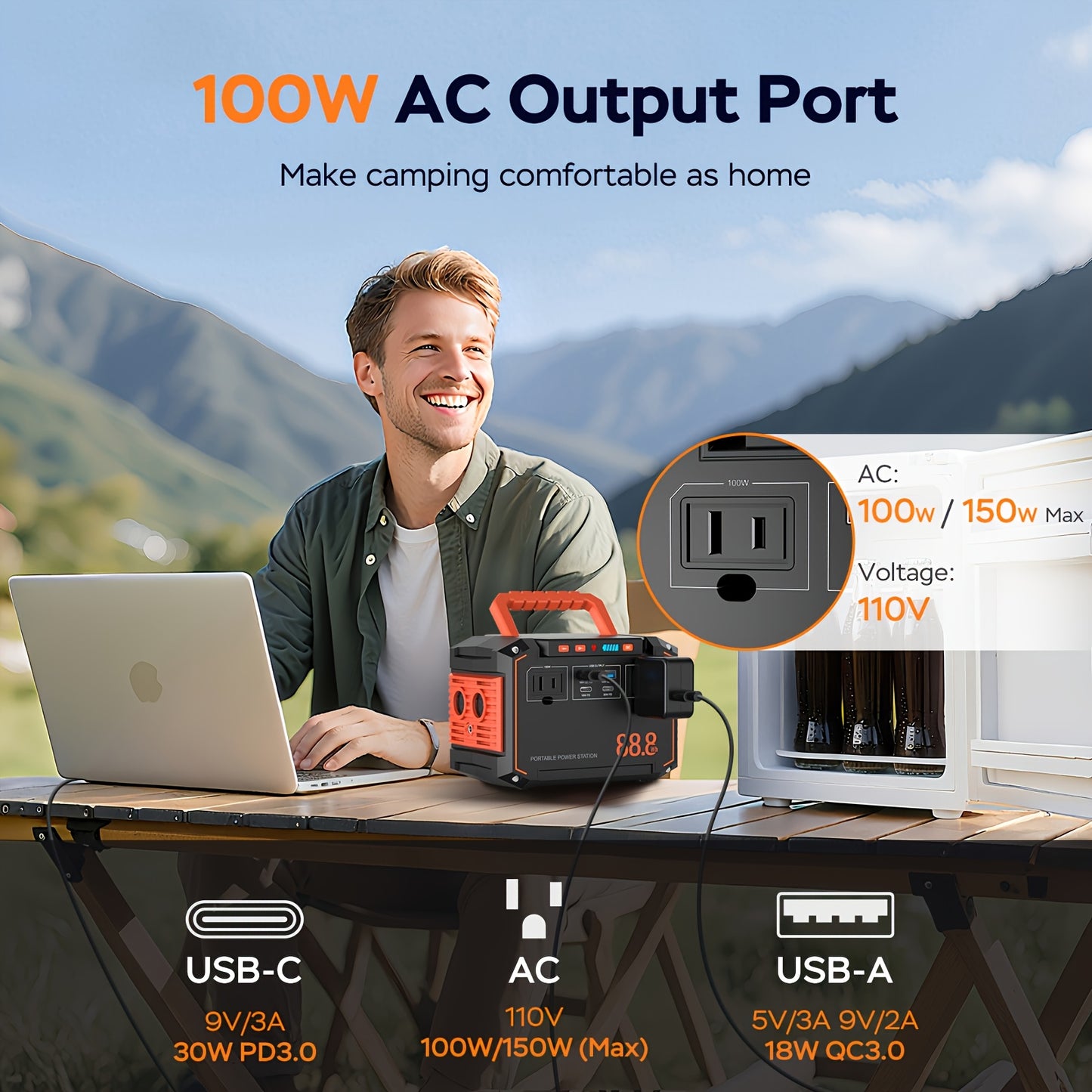 Portable Power Station 88.8Wh/111Wh – Solar Generator with AC/DC/USB Ports, 30W Solar Panel Optional, Backup Battery for Camping, Emergency, CPAP, Laptops, Fans