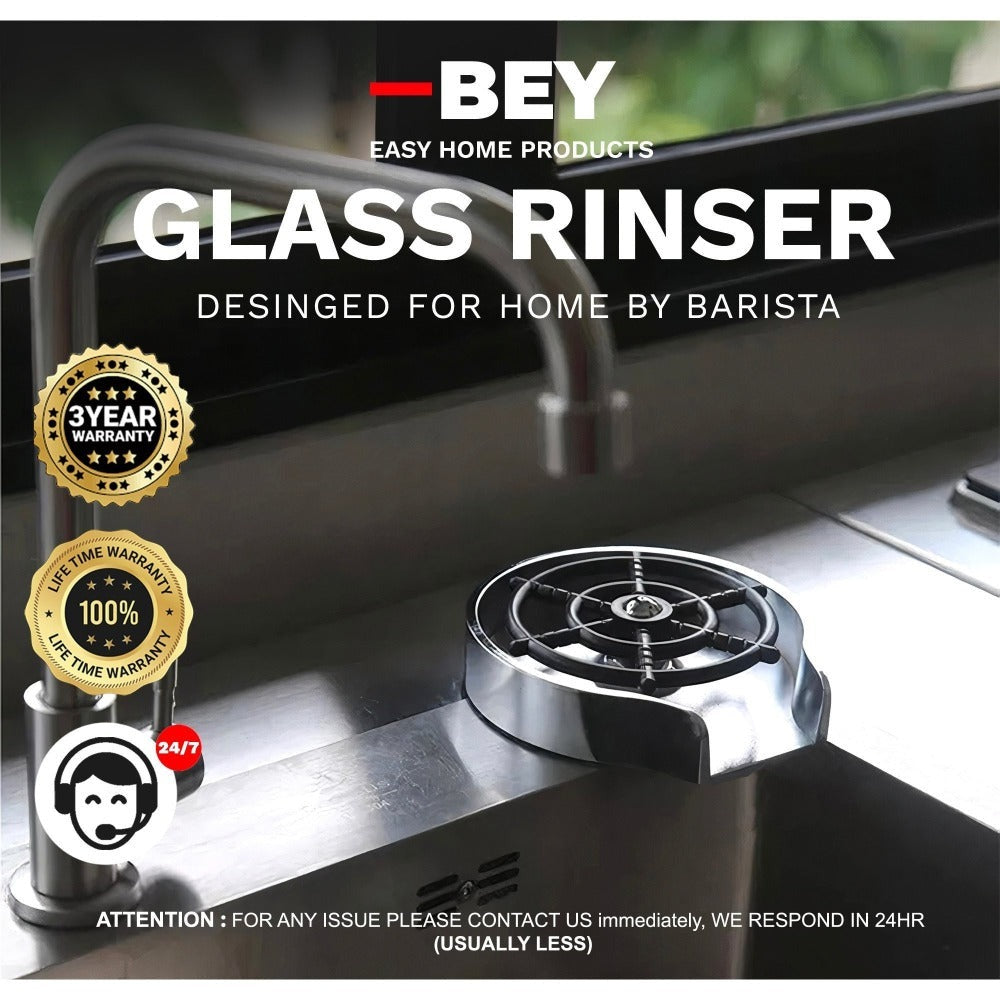 Glass Rinser for Sink – Stainless Steel Automatic Cup Washer & Bottle Cleaner Sink Attachment | Powerful Water Jets for Kitchen, Bar & Coffee Shop | Silver, Black & Gold