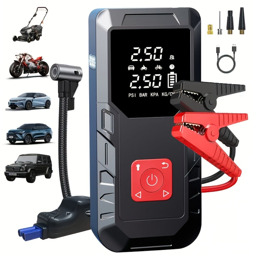 Portable Car Jump Starter 10000A – 9-in-1 Battery Booster with 350PSI Tire Inflator, LED Light, USB-C Fast Charging, Power Bank for 12V Gas & Diesel Vehicles, Emergency Car Tool