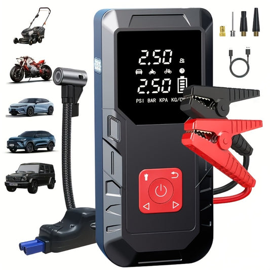 Portable Car Jump Starter 10000A – 9-in-1 Battery Booster with 350PSI Tire Inflator, LED Light, USB-C Fast Charging, Power Bank for 12V Gas & Diesel Vehicles, Emergency Car Tool