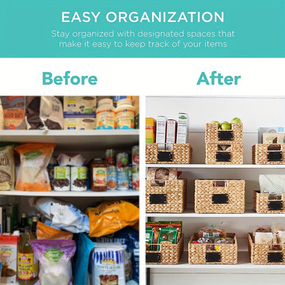 Pantry Baskets with Chalkboard Labels - Natural Water Hyacinth Woven Storage Bins 9"x12"x5", Kitchen Shelf Organizers, Available in 1, 2 & 4 Pack
