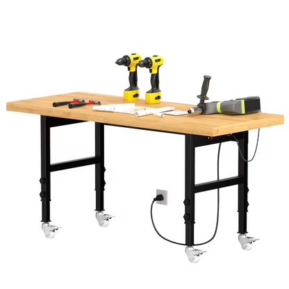 Garage Workbench Solid Wood Tool Desk with Drawers, Power Outlets & Swivel Casters, 48"/60"/70" Heavy-Duty Workshop Bench for Home Garage & Workshop