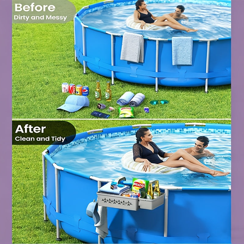 Grey Poolside Storage Basket with Dual Cup Holders, Hanging Towel Bar and Adjustable Frame Clamps