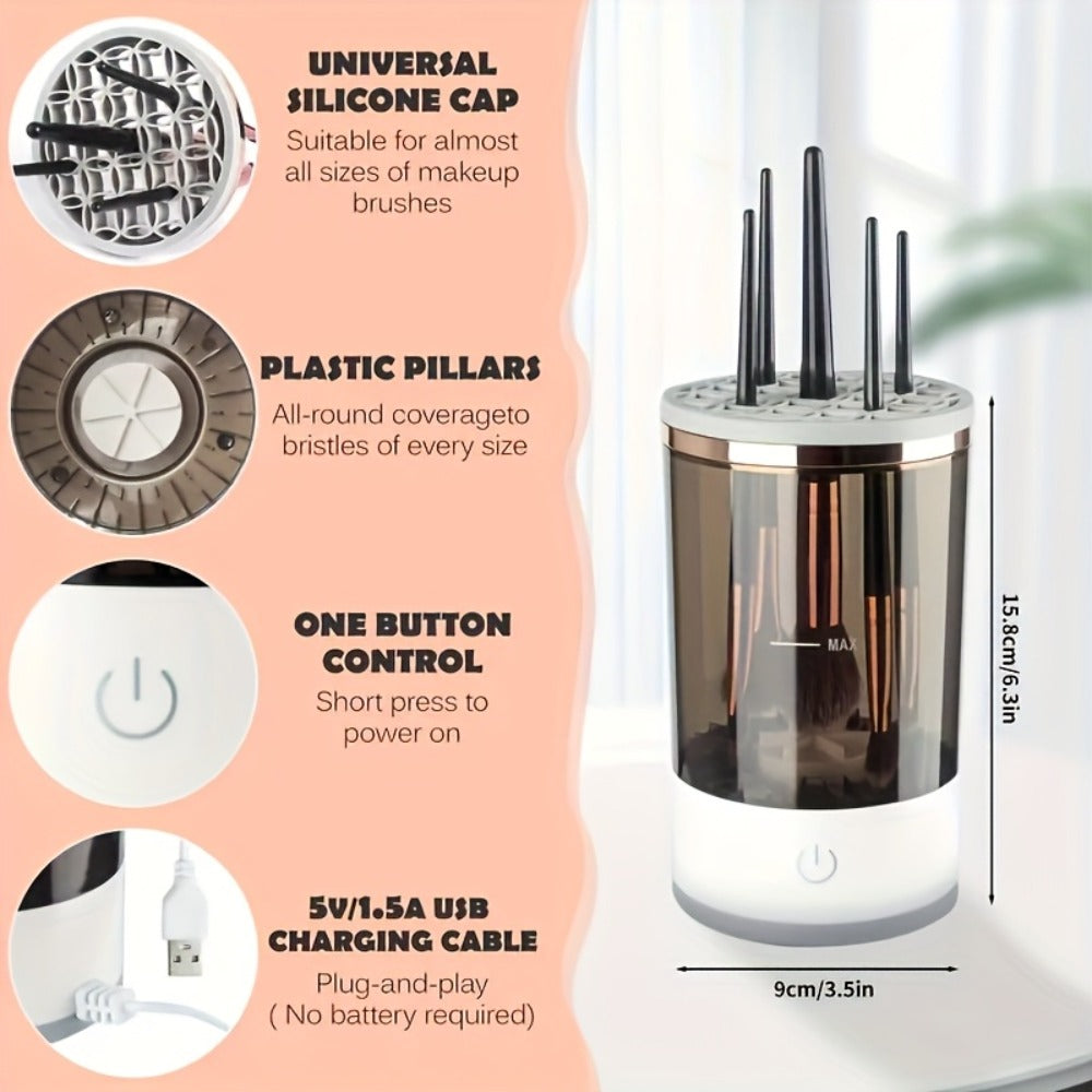 Electric Makeup Brush Cleaner and Dryer with USB Power, Automatic Spinner and Clear Dual-Section Holder