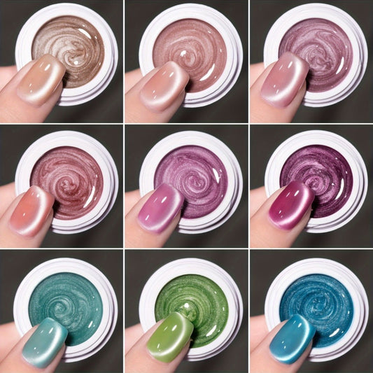 Cat Eye Gel Polish Set 9 Colors MORDDA Glass Bead with Magnet — Sparkling Multi-Color Shifting UV LED Alcohol-Free Magnetic Nail Gel in White Jars for Salon & DIY Nail Art Gift for Women