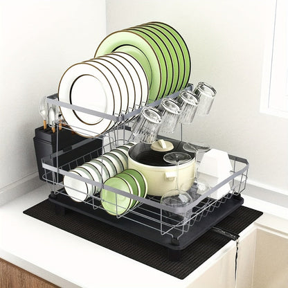 Dish Drying Rack Kitchen Organizer with Two Tiers, Drain Board, Utensil Cup and Three Color Options