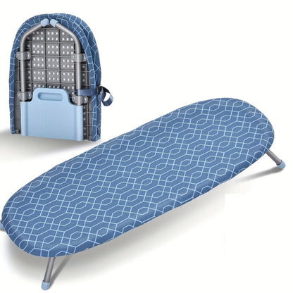 Mini Blue Tabletop Ironing Board with Short Folding Legs, Hanging Loop and Geometric Cover