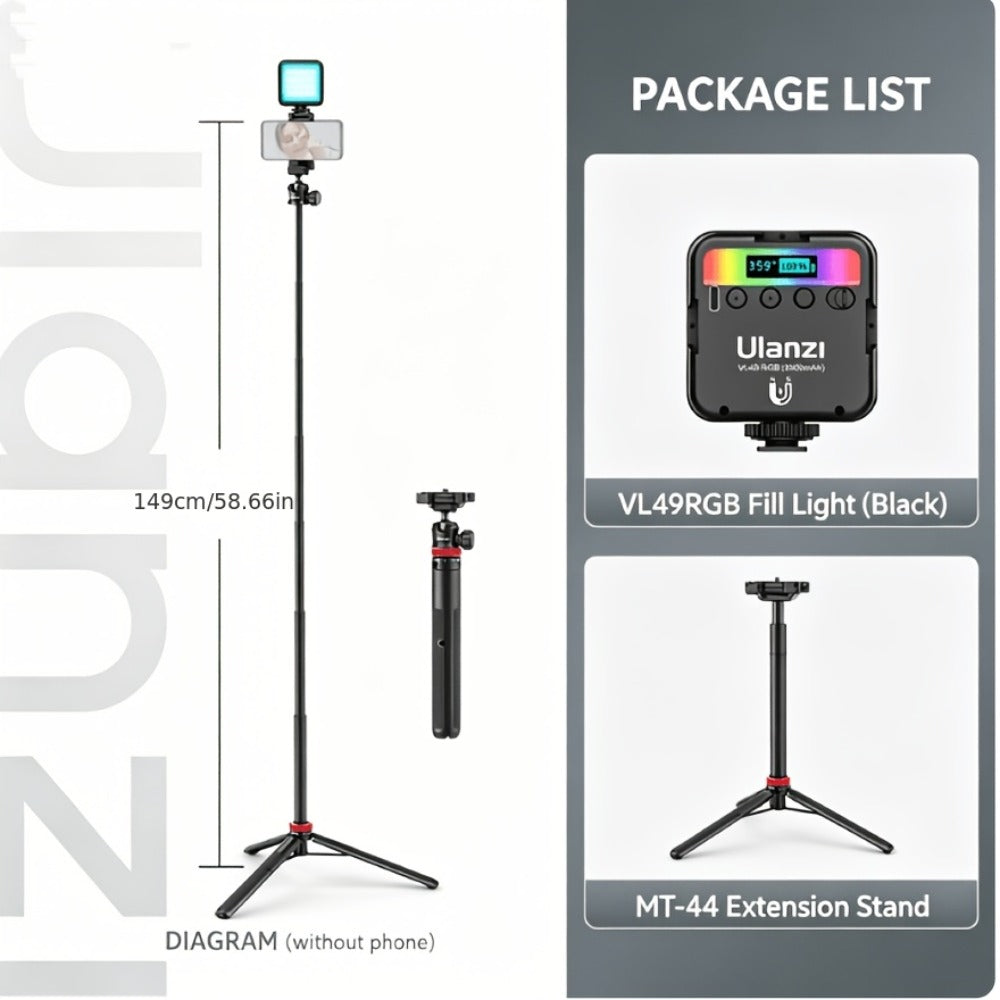 ULANZI VL49 RGB Video Light 360° Full Color LED Camera Light Panel - 2000mAh Rechargeable Dimmable Photography Lighting with 3 Cold Shoe Mounts & Magnetic Attachment for Portrait Studio Content Creation