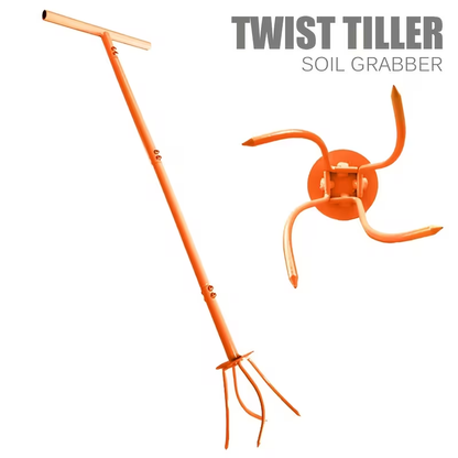 Manual Twist Tiller with Four Curved Soil Claws, Three-Section T-Handle and Yellow or Orange Options