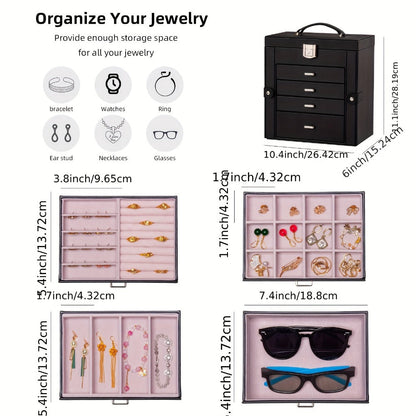 Large Jewelry Box 5-Tier PU Leather Organizer with Lock & Mirror – Storage Case for Bracelets, Earrings, Rings & Necklaces